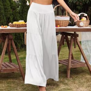 Women's Casual Pants Elastic High Waist Wide Leg Loose Summer Solid Color Splicing Sweatpants Yoga Running Sports(S-White)