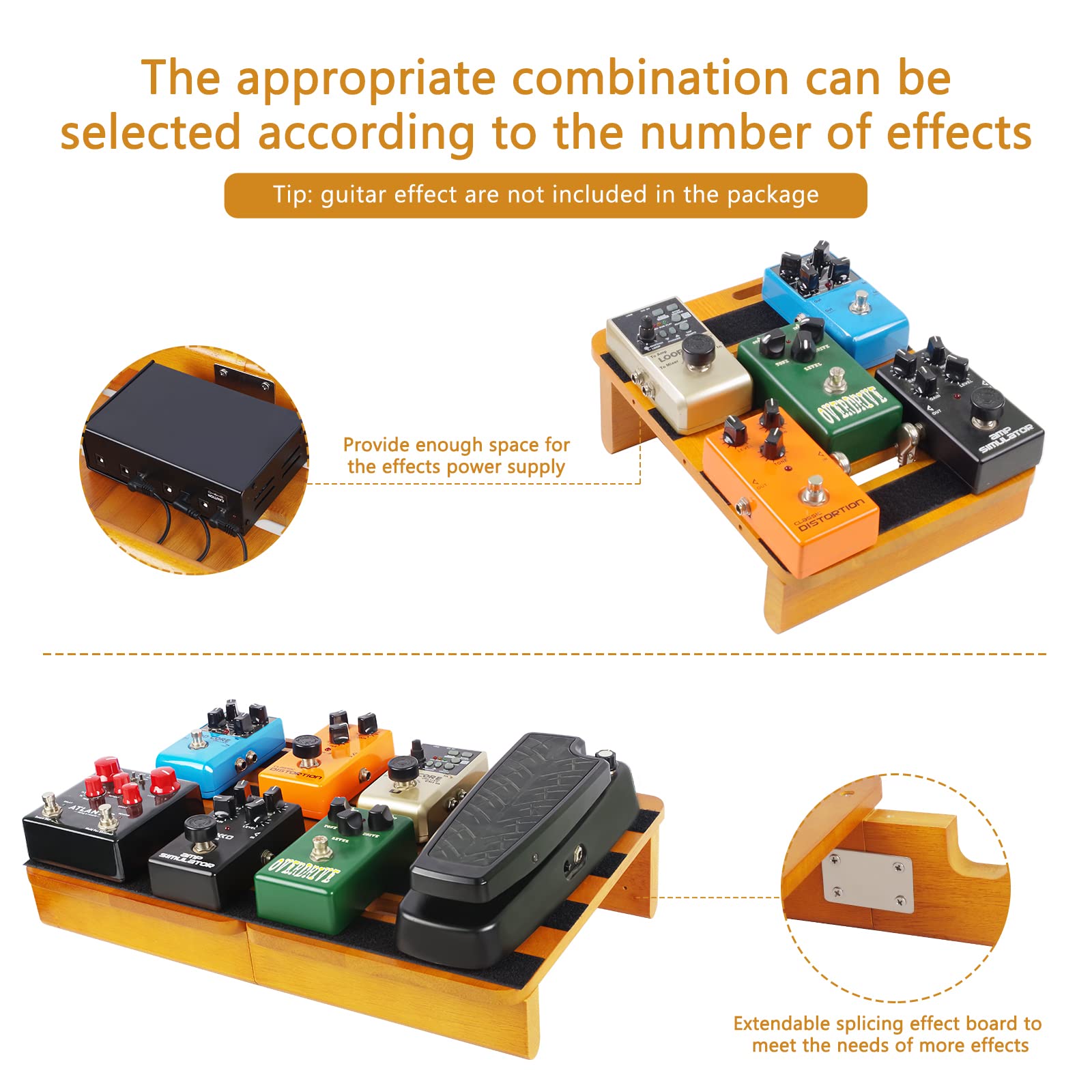 Pedalboard, Wooden Guitar Effects Pedal Board 17.3"x11.8", Removable & Easy to Carry, with Cable Supply Pedalboard Set Guitar Accessories (Removable)