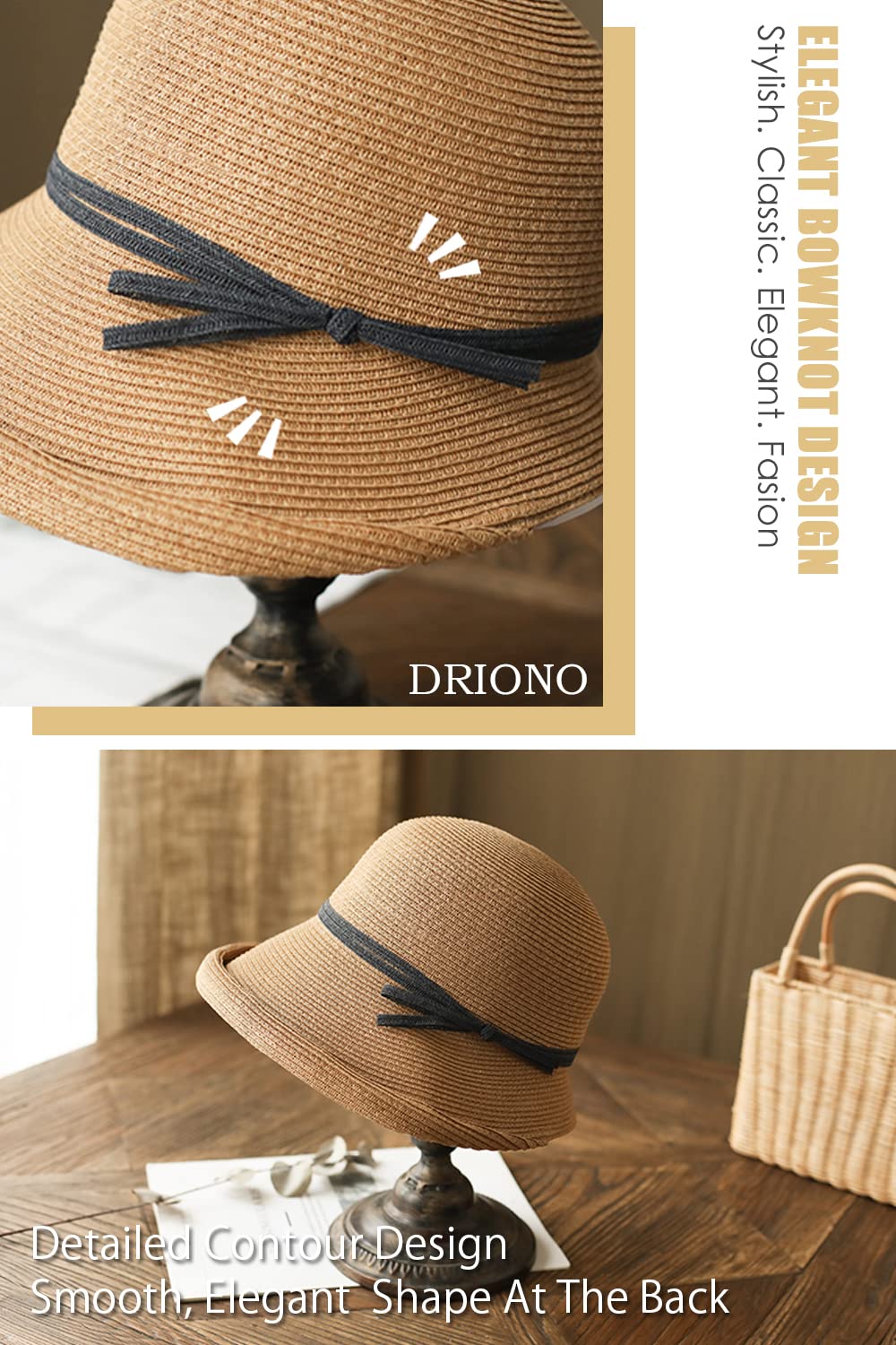 DRIONO Straw Hat - Women Style Fashion Summer Cloche Beach Fedora Trilby Hat Panama Sun Hat (Beige)