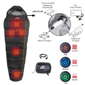 Mantuole Heated Sleeping Bag 5pcs Multi USB Power Support Heating Pads,Operated with Battery Power Bank or Other USB Power Supplies, Mummy Style. Black-Basic with 20000mah Battery Pack