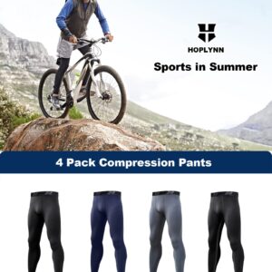 HOPLYNN 4 Pack Compression Pants Tights Leggings Men, Winter Baselayer for Running Workout Sports Yoga-2 Black 1 Grey 1 Blue-2XL