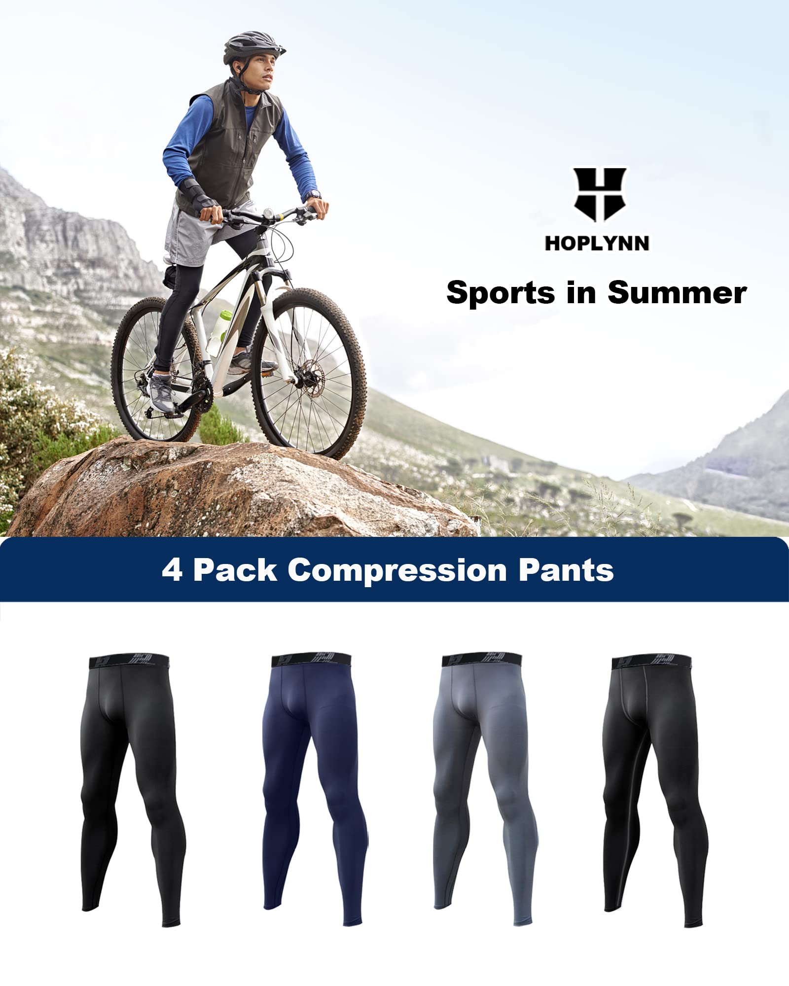 HOPLYNN 4 Pack Compression Pants Tights Leggings Men, Winter Baselayer for Running Workout Sports Yoga-2 Black 1 Grey 1 Blue-2XL