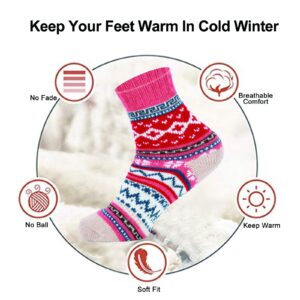 YANGYANG Wool Socks for Women, 5 Pairs Winter Warm Thick Crew Knit Socks Vintage Cozy Soft Cute Nordic Cabin Gifts