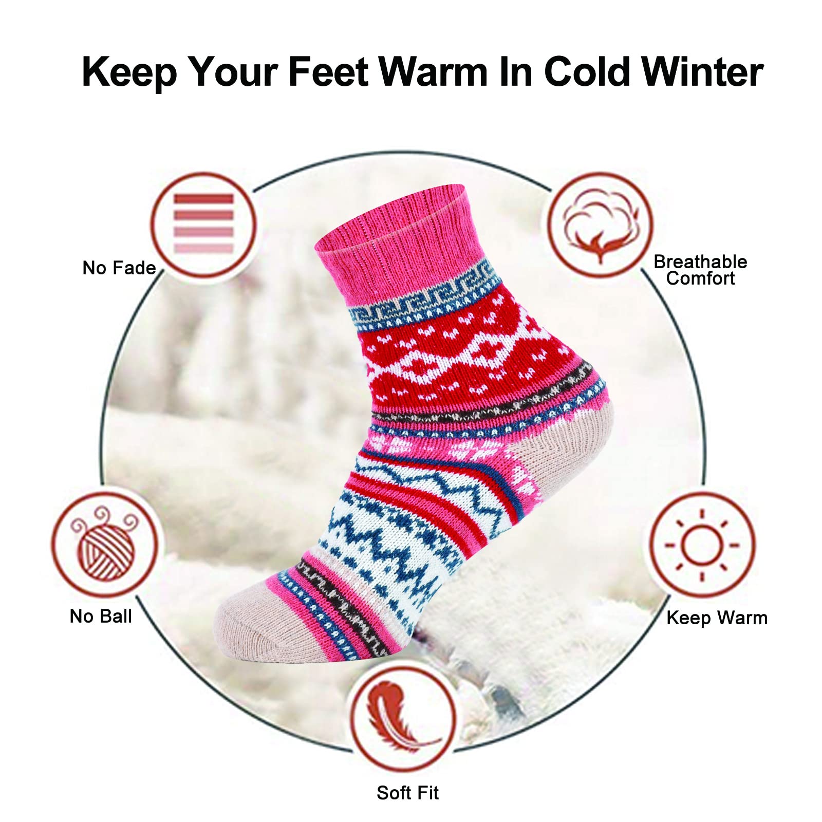 YANGYANG Wool Socks for Women, 5 Pairs Winter Warm Thick Crew Knit Socks Vintage Cozy Soft Cute Nordic Cabin Gifts