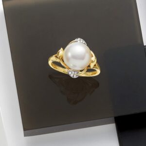 Ross-Simons 10-10.5mm Cultured Pearl Leaf Ring With Diamond Accents in 14kt Yellow Gold. Size 8