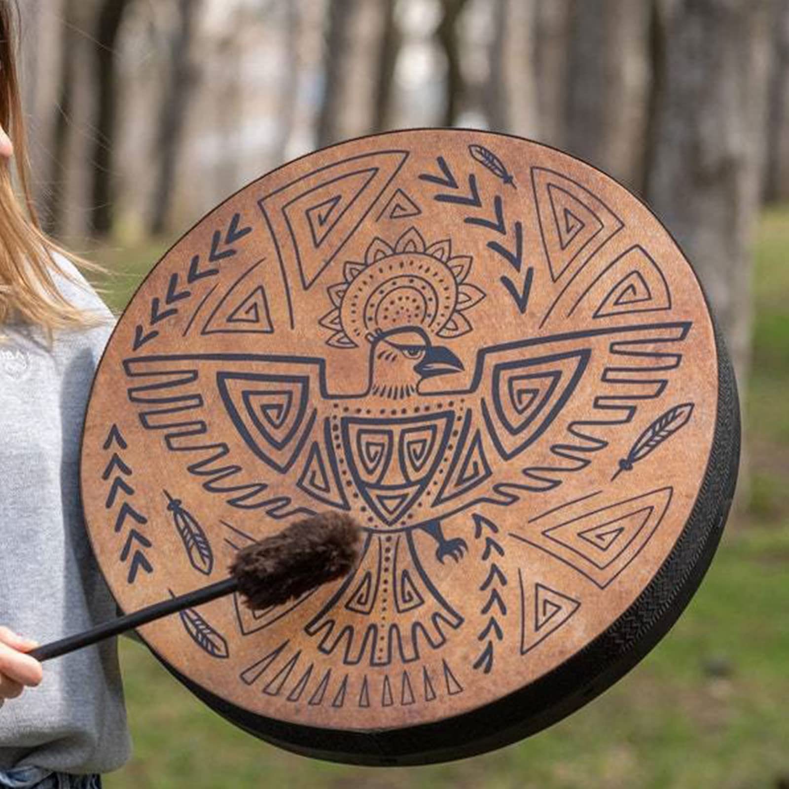 Firlar Shaman Drum, 10 Inch Shaman Bird Pattern Handmade Shaman Drum With Drum Stick, Spiritual Instrument, Exquisite Look, Siberian Drum Spirit Music Symbol, Sound Healer Shaman Drum Brown