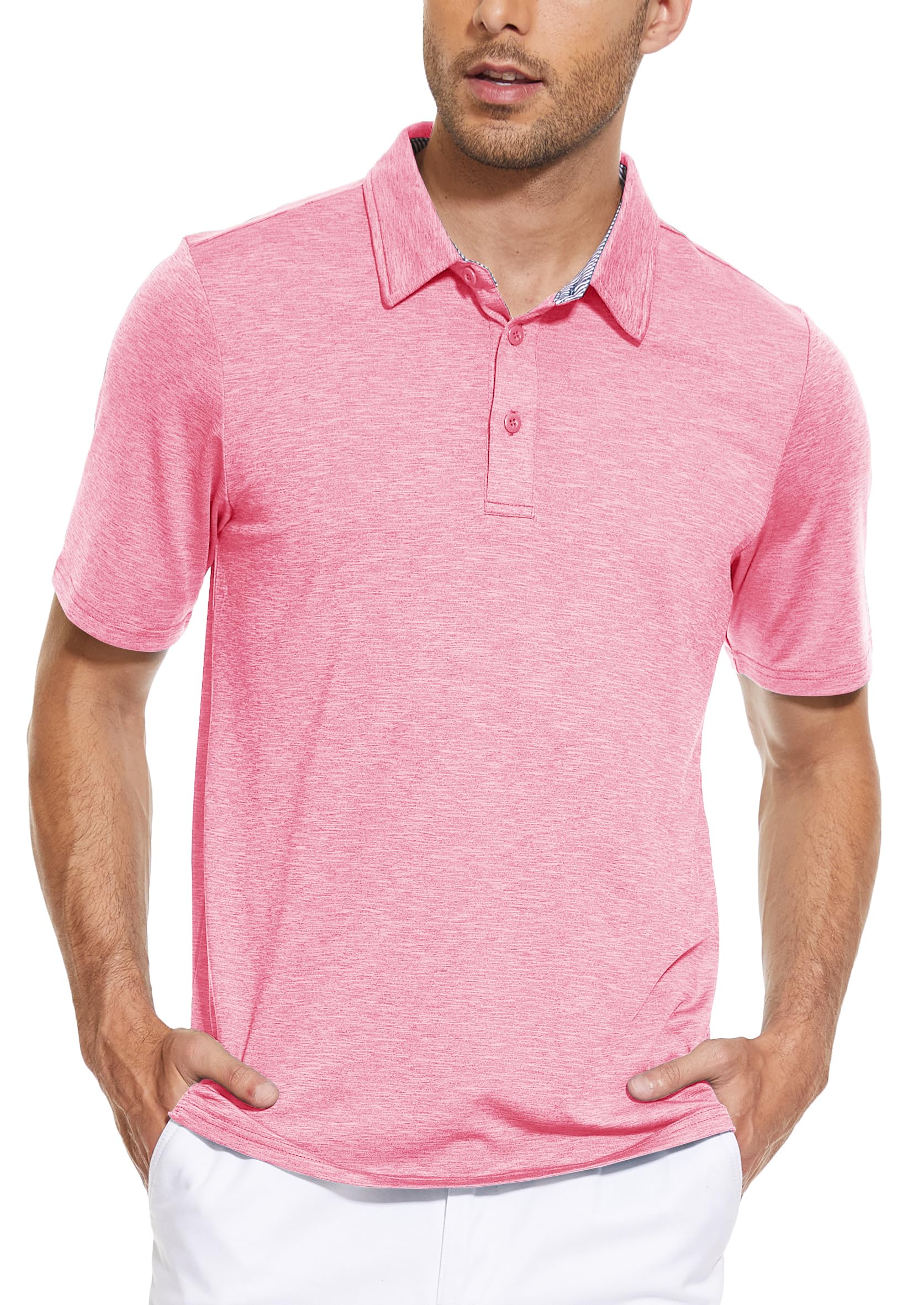 TACVASEN Lightweight Breathable Golf Polo Shirt for Men Elastic Quick Dry Fit Hiking Running Outdoor Shirt for Men Pink