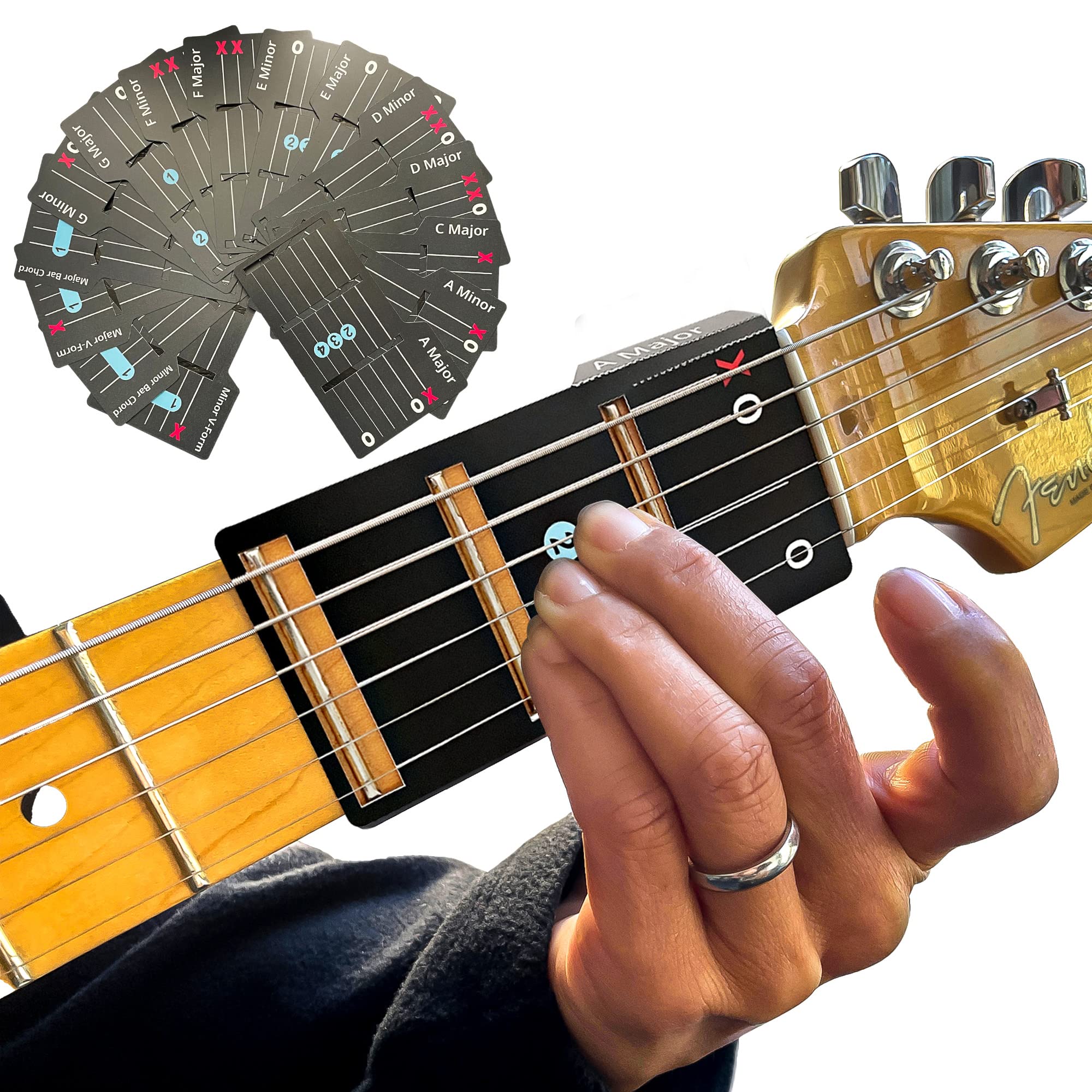 Learn Guitar in Minutes | Cheaper than Guitar Lessons | Card Chords (Fits All Guitars) GUITAR CHORDS allow you to PLAY the ELECTRIC Guitar while the CARD is on the FRETBOARD Made in USA