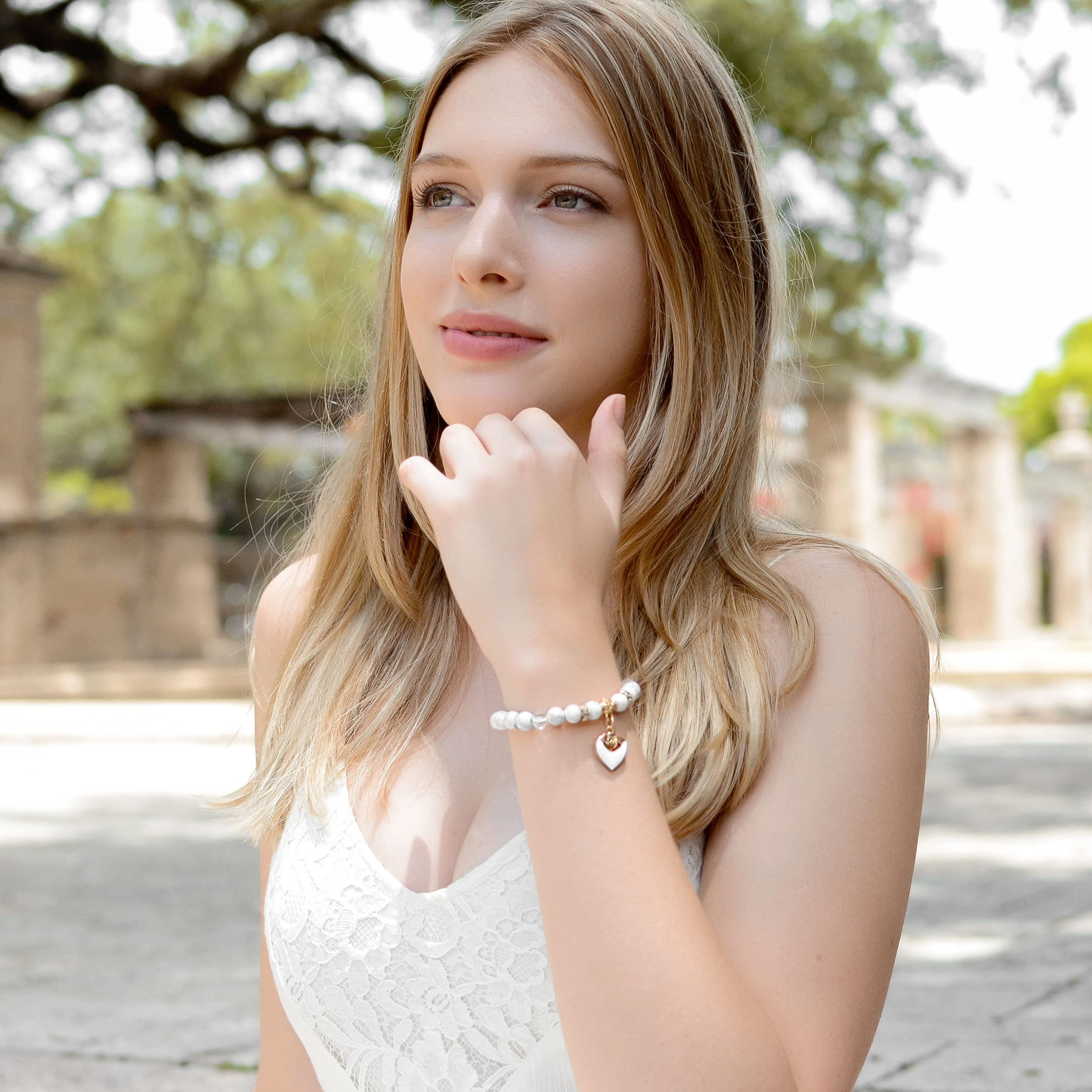 White Rose Beaded Bracelet, Cubic Zirconia