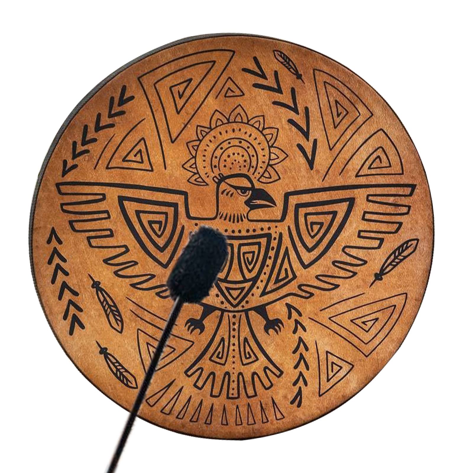 Firlar Shaman Drum, 10 Inch Shaman Bird Pattern Handmade Shaman Drum With Drum Stick, Spiritual Instrument, Exquisite Look, Siberian Drum Spirit Music Symbol, Sound Healer Shaman Drum Brown