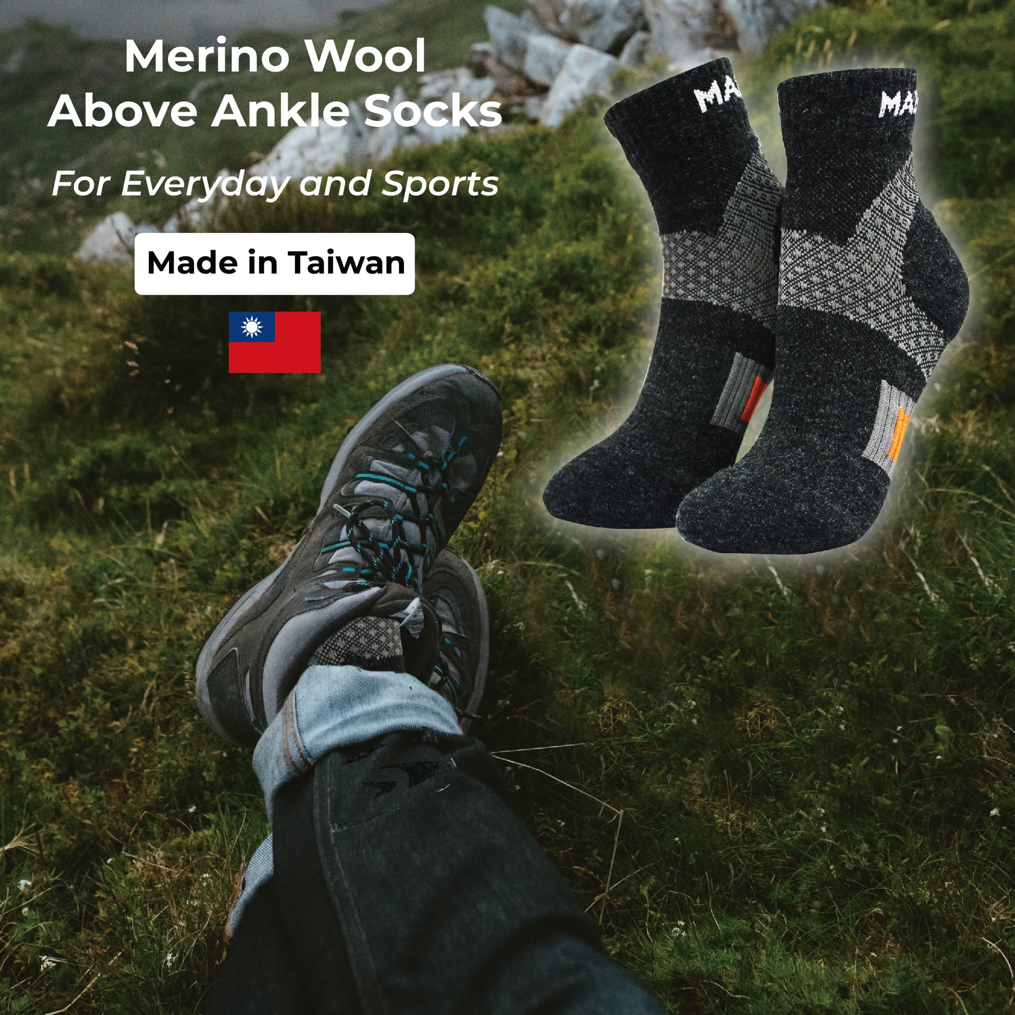 M Magic Sport Merino Wool Hiking Above Ankle Cushioned Hiking Socks for Men, Women (L-XL)