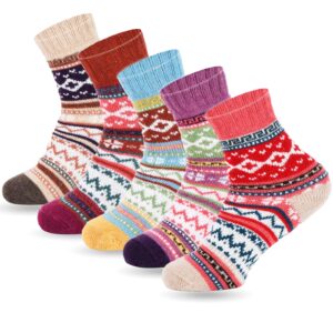 YANGYANG Wool Socks for Women, 5 Pairs Winter Warm Thick Crew Knit Socks Vintage Cozy Soft Cute Nordic Cabin Gifts