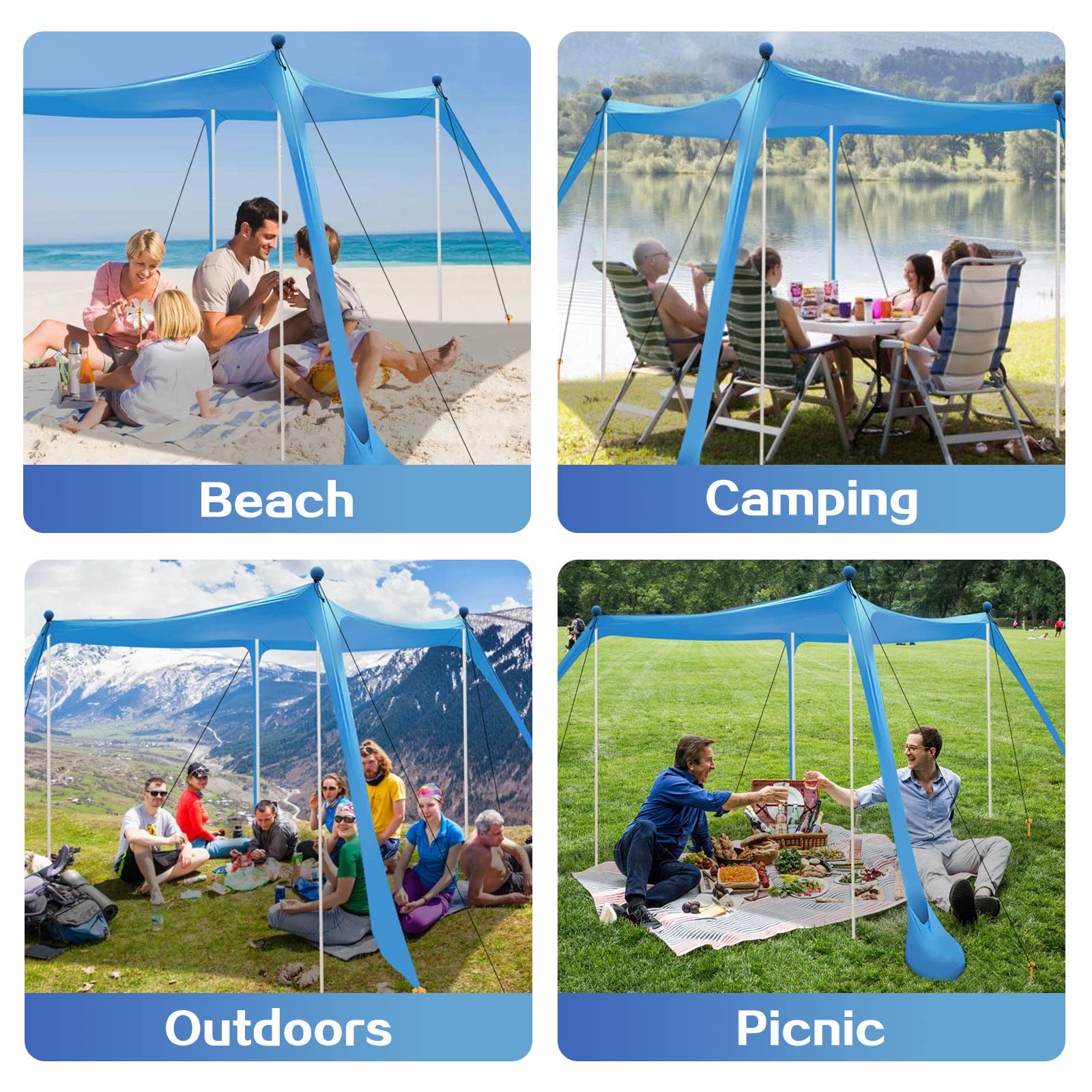 YENGIAM Beach Canopy Beach Tent UPF50+ 11x11 FT Easy to Setup Extra Windproof Rope Sun Shelter Beach Shade Canopy with 4 Stability Poles Outdoor Shade for Beach Camping Family