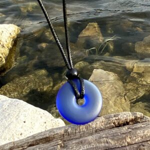 Sea Glass Jewelry - I am Happy Series - Classic Lucky Donut Necklace - Hawaiian Style Crystal Charm - Protection and Good Luck Amulet - Beach Jewelry for Women and Men - Handmade with Love - Blue