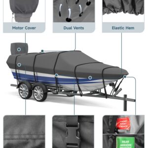 Umbrauto Boat Cover with Motor Cover 600D Solution-Dyed Polyester Waterproof Trailerable Bass Boat Cover, 14-16ft Heavy Duty Boat Covers Fits V-Hull Tri-Hull Fishing Runabout Bass Boats