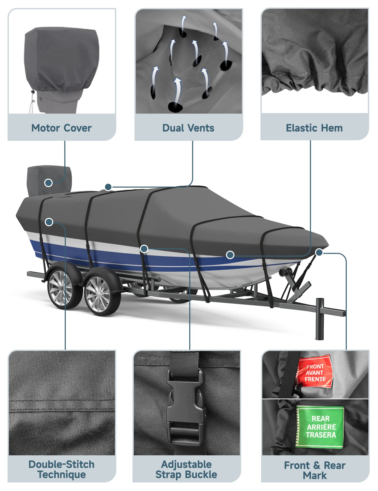 Umbrauto Boat Cover with Motor Cover 600D Solution-Dyed Polyester Waterproof Trailerable Bass Boat Cover, 14-16ft Heavy Duty Boat Covers Fits V-Hull Tri-Hull Fishing Runabout Bass Boats