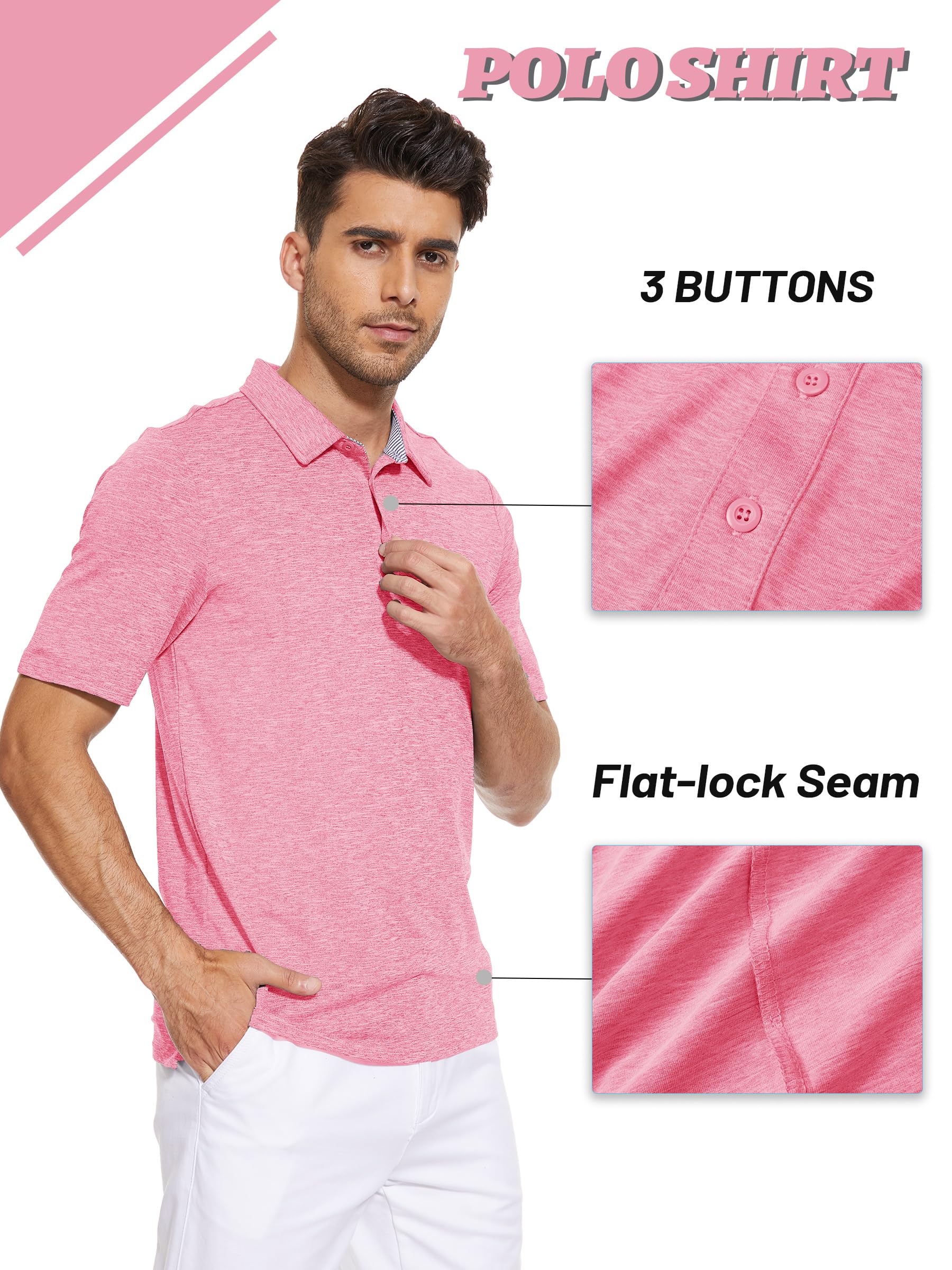 TACVASEN Lightweight Breathable Golf Polo Shirt for Men Elastic Quick Dry Fit Hiking Running Outdoor Shirt for Men Pink