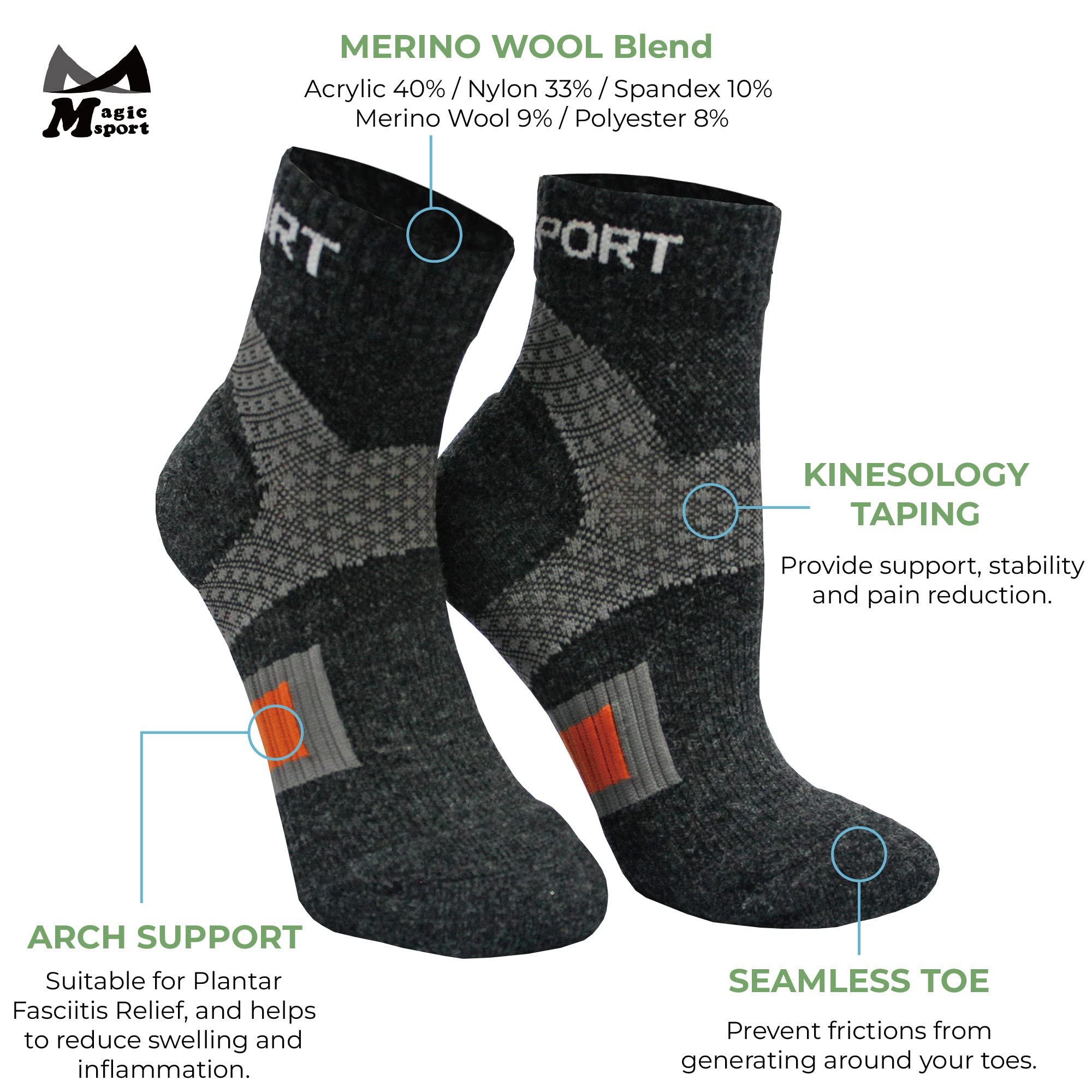 M Magic Sport Merino Wool Hiking Above Ankle Cushioned Hiking Socks for Men, Women (L-XL)