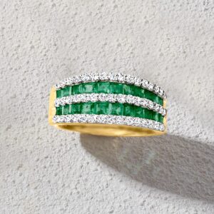 Ross-Simons 1.50 ct. t.w. Emerald and .73 ct. t.w. Diamond Multi-Row Dome Ring in 14kt Yellow Gold. Size 8