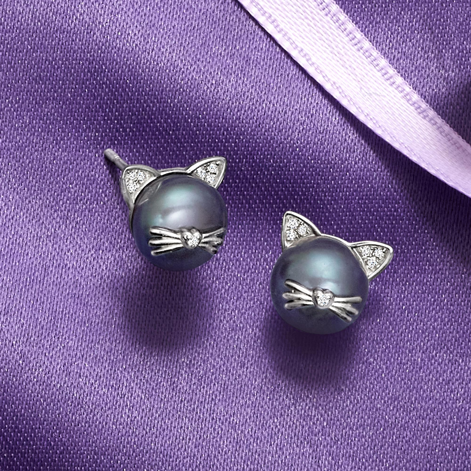 Ross-Simons 8-8.5mm Cultured Pearl Cat Earrings with Diamond Accents in Sterling Silver