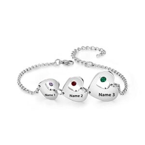 Luxladis Personalized Custom Name Heart Bracelet with 1-6 Birthstones Love Bracelet for Women Engraved Names Link Bracelets for Mother's Day Mom Girls (3 names)