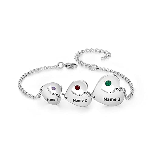 Luxladis Personalized Custom Name Heart Bracelet with 1-6 Birthstones Love Bracelet for Women Engraved Names Link Bracelets for Mother's Day Mom Girls (3 names)