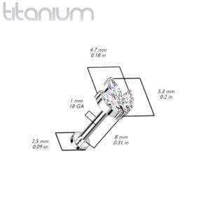 Dynamique Implant Grade Titanium Threadless Push In Labret, Flat Back Stud With 3-Marquise CZ or Opal Set Sprout Top (Sold Per Piece)