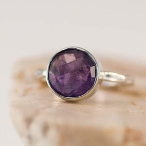 Pompom Amethyst gemstone Rings 925 Silver Band 10 mm round (925 Silver, 8)