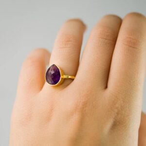 Pompom Amethyst gemstone Rings 925 Silver Band 10 mm pear (18k Gold Plated, 8.5)