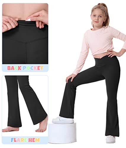 Ewedoos Girls Flare Leggings Crossover with Pocket Preppy Clothes Leggings for Girls Yoga Pants Dance Casual Uniform Black