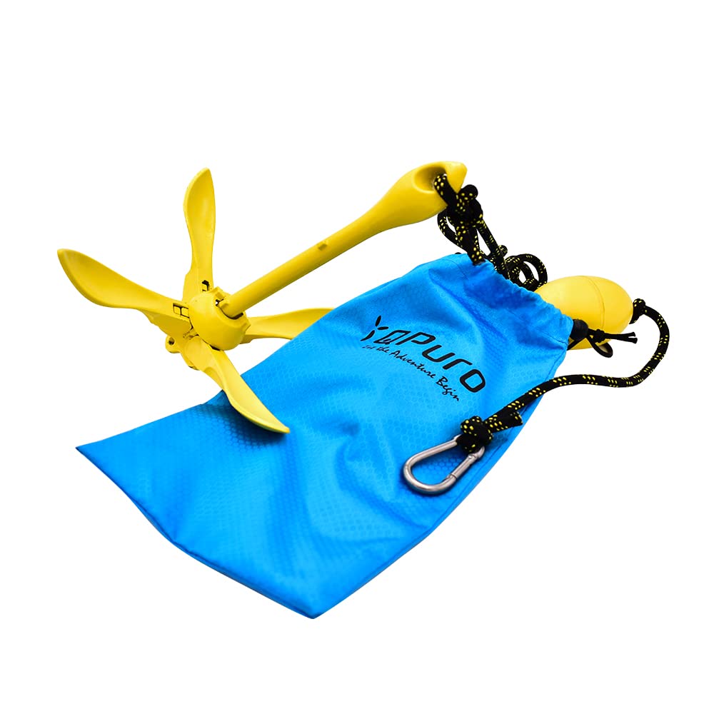 QPURO Kayak Anchor Kit - 3.5 lb Grapnel Anchor, Marine Anchor, Folding Anchor - Ideal for Kayak Fishing, Paddle Boards (SUP), PWC, Jet Ski's, Small Boats (Yellow)