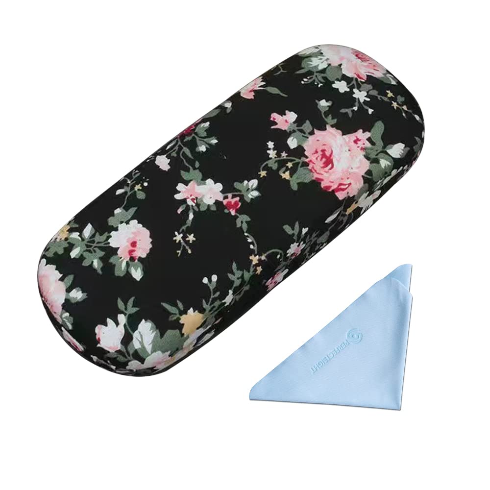 PERFECTSIGHT Hard Shell Eyeglasses Case Floral Portable Protective Glasses Case Flower Fabric Surface Eyeglass Case for Women Girls With Microfiber Cleaning Cloth (Black)