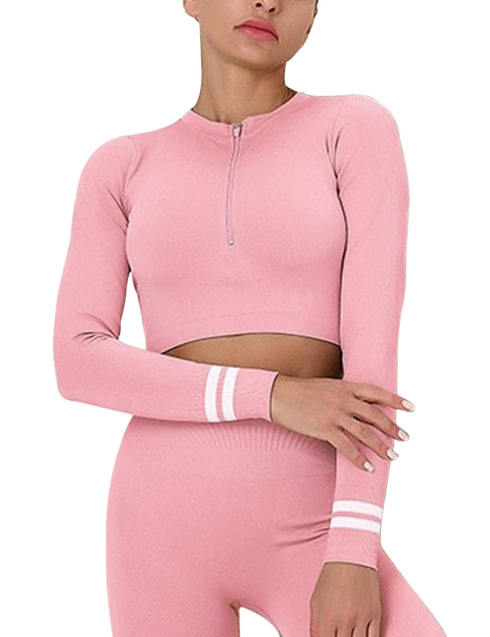 Women Fitness Long Sleeve Yoga Gym Crop Top Sportwear Workout Shirts with Front Zip Pink M