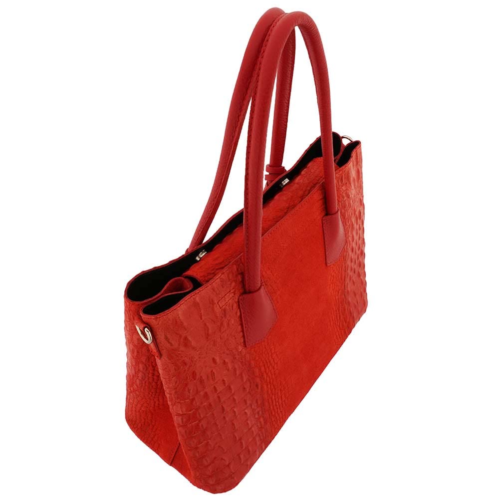 Fioretta Italian Genuine Leather Suede Carryall Top Handle Tote Bag For Women - Red