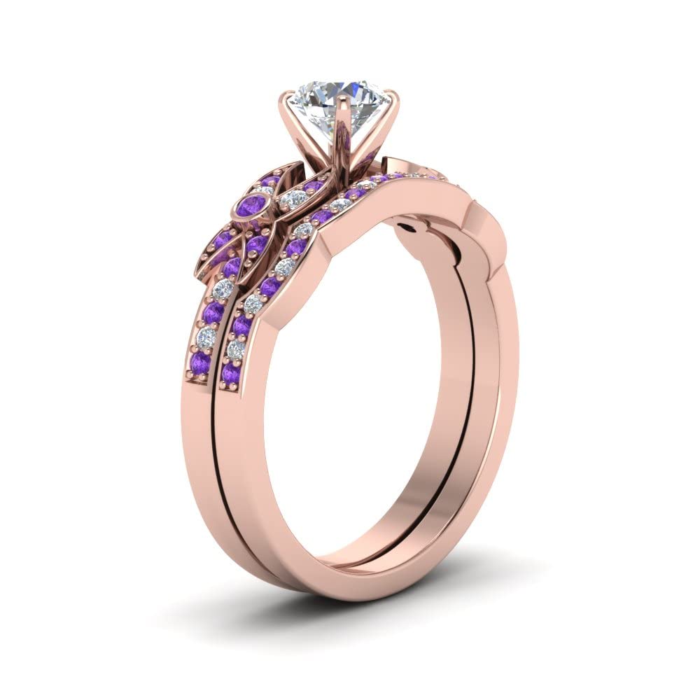 CustomizedGifts Flower Pave Diamond Wedding Ring Set rose gold plated Natural Amethyst Round shape purple color Wedding Ring Sets bezel Setting in Size 8 Party Wear Daily Wear Ornament