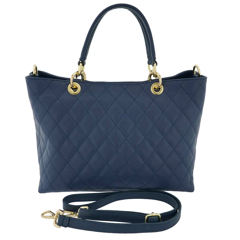 Fioretta Italian Genuine Leather Quilted Carryall Satchel Handbag Crossbody For Women - Blue