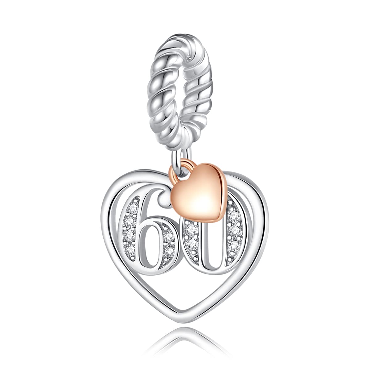 ABAOLA Number Dangle 10.16.18.20.21.30.40.50.60 Years of Love Cubic Zirconia Charm in 925 Sterling Silver,Number pendant with Rose Gold Heart, Sterling Silver, 925 sterling silver