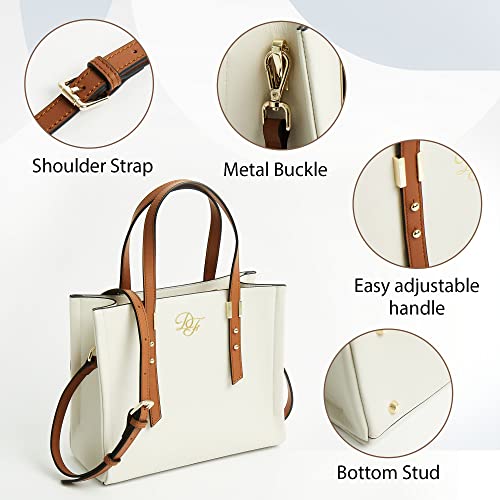 DamiFriends Genuine Leather Mini Tote Bag for Women Small Top Handle Shoulder Bag with Zipper Closure (White Brown)