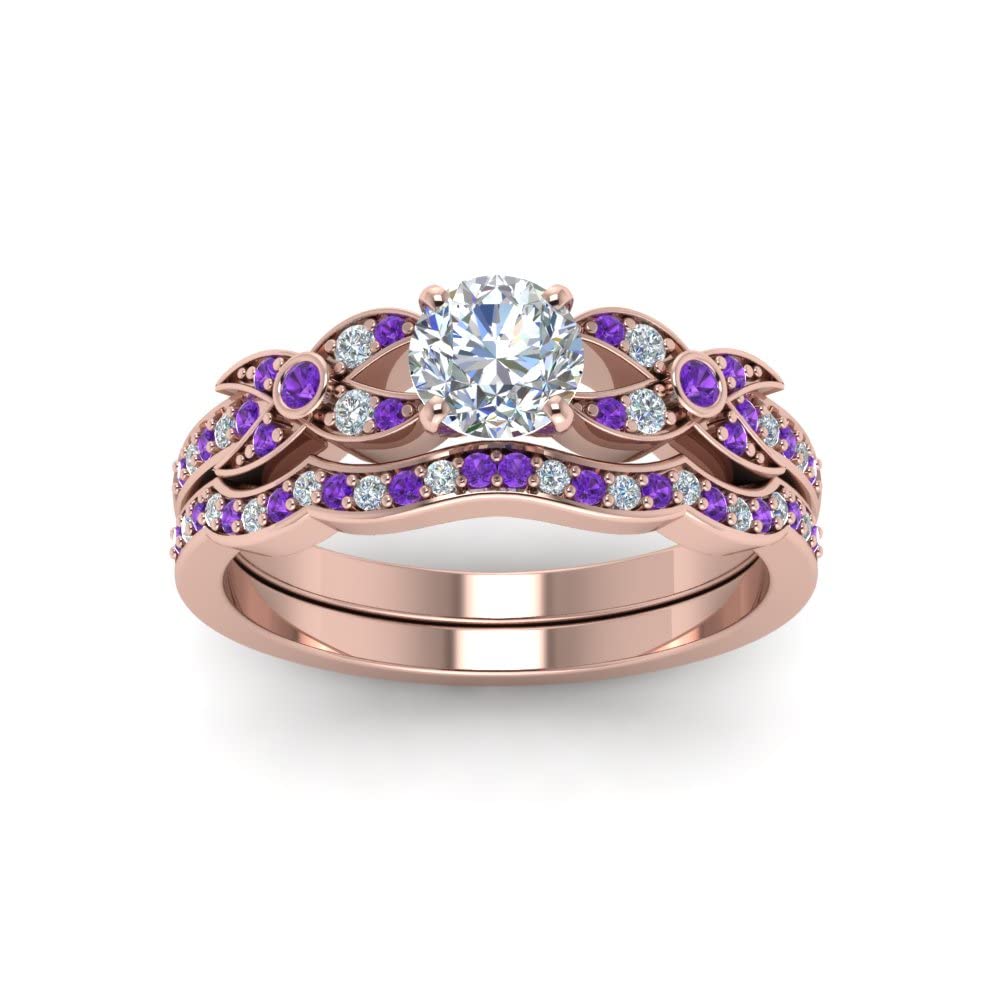 CustomizedGifts Flower Pave Diamond Wedding Ring Set rose gold plated Natural Amethyst Round shape purple color Wedding Ring Sets bezel Setting in Size 8 Party Wear Daily Wear Ornament