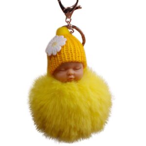 Small Key Clip Doll Baby Sleeping Bags Charm Pendant Keyrings Chains Pompom Cute Key Keychains (Yellow, One Size)