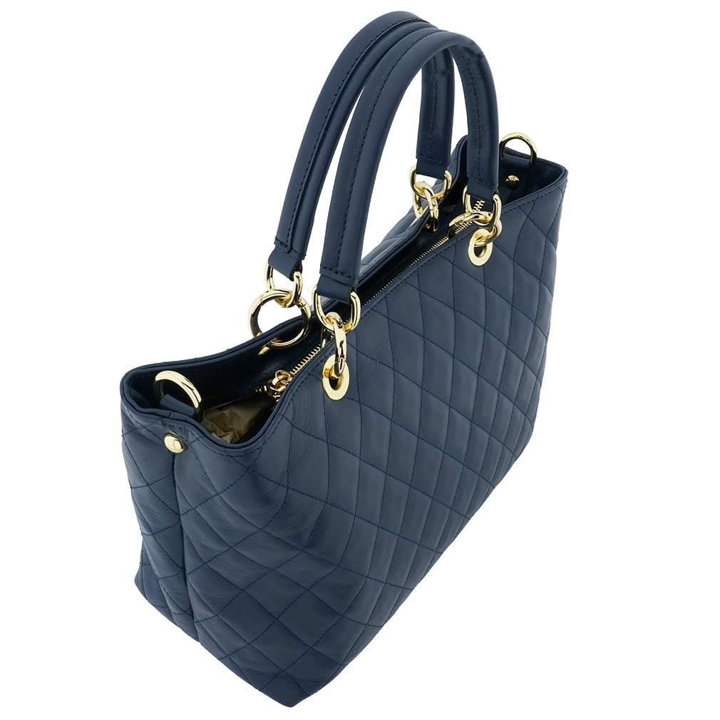 Fioretta Italian Genuine Leather Quilted Carryall Satchel Handbag Crossbody For Women - Blue