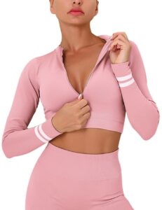 women fitness long sleeve yoga gym crop top sportwear workout shirts with front zip pink m