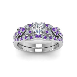 CustomizedGifts Flower Pave Diamond Wedding Ring Set Sterling Silver Natural Amethyst Heart Shape Purple Color Wedding Ring Sets Bezel Setting in Size 7 Party Wear Daily Wear Ornament