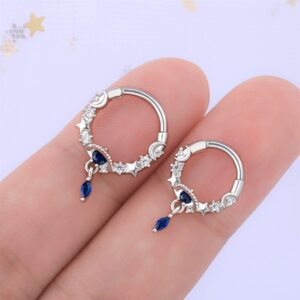 Melighting 16G Septum Rings Dangle Septum Jewelry with Blue Planet Clear CZ Surgical Steel 316L Star Daith Earrings Moon Helix Earring Nose Rings Piercing for Women Men