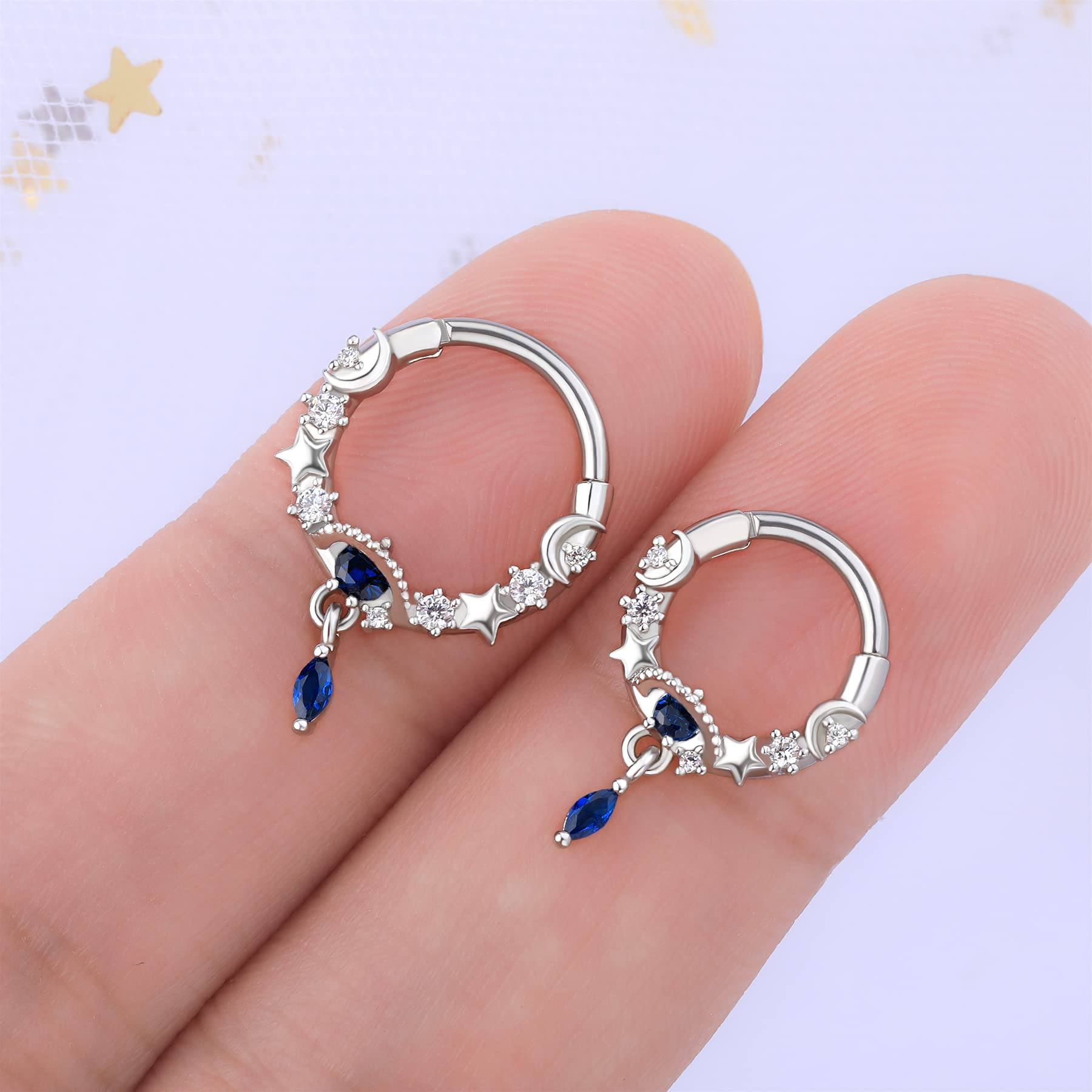 Melighting 16G Septum Rings Dangle Septum Jewelry with Blue Planet Clear CZ Surgical Steel 316L Star Daith Earrings Moon Helix Earring Nose Rings Piercing for Women Men