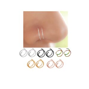 1 pair double nose hoop ring for single piercing nose hoop, stainless steel spiral nose rings hoop, nostril piercing jewelry for women men (1 pair, a01#silver)