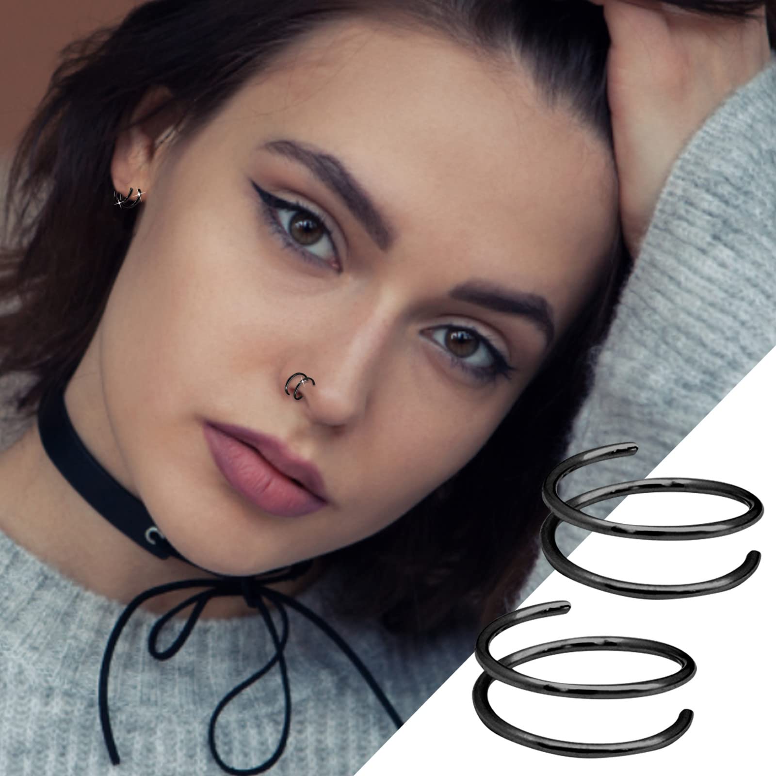 16g Lip Rings Nose Double For Women Nostril Hoop Jewelry Hoop Nose Nose Ring Nose Piercing Ring For Girls Hoop Spiral Hoop For Piercing Nose Jewelry (Black, One Size)