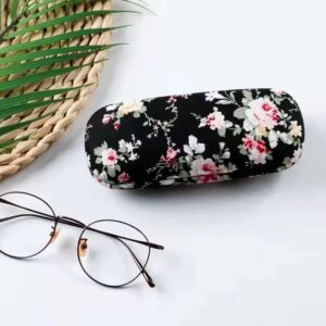 PERFECTSIGHT Hard Shell Eyeglasses Case Floral Portable Protective Glasses Case Flower Fabric Surface Eyeglass Case for Women Girls With Microfiber Cleaning Cloth (Black)