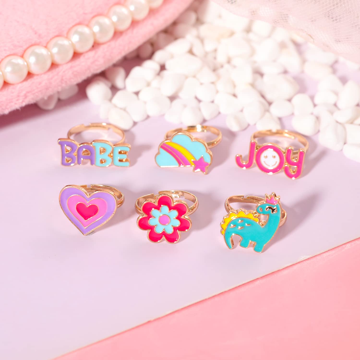 PinkSheep Rings for Kids Jewelry for Girls Unicorn Ring Rainbow Ring Butterfly Ring 12 PC Gift for 4/5/6/7/9/10 Years Old Flower Packaging