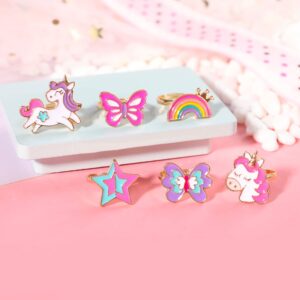 PinkSheep Rings for Kids Jewelry for Girls Unicorn Ring Rainbow Ring Butterfly Ring 12 PC Gift for 4/5/6/7/9/10 Years Old Flower Packaging